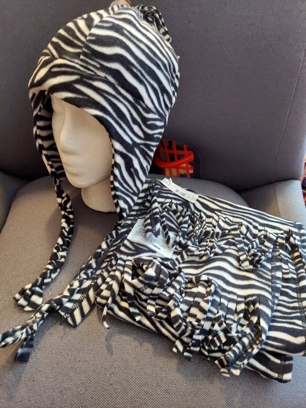 Zebra Print Trapper Hat and Scarf (scarf is 66 inches long, 9 inches wide)